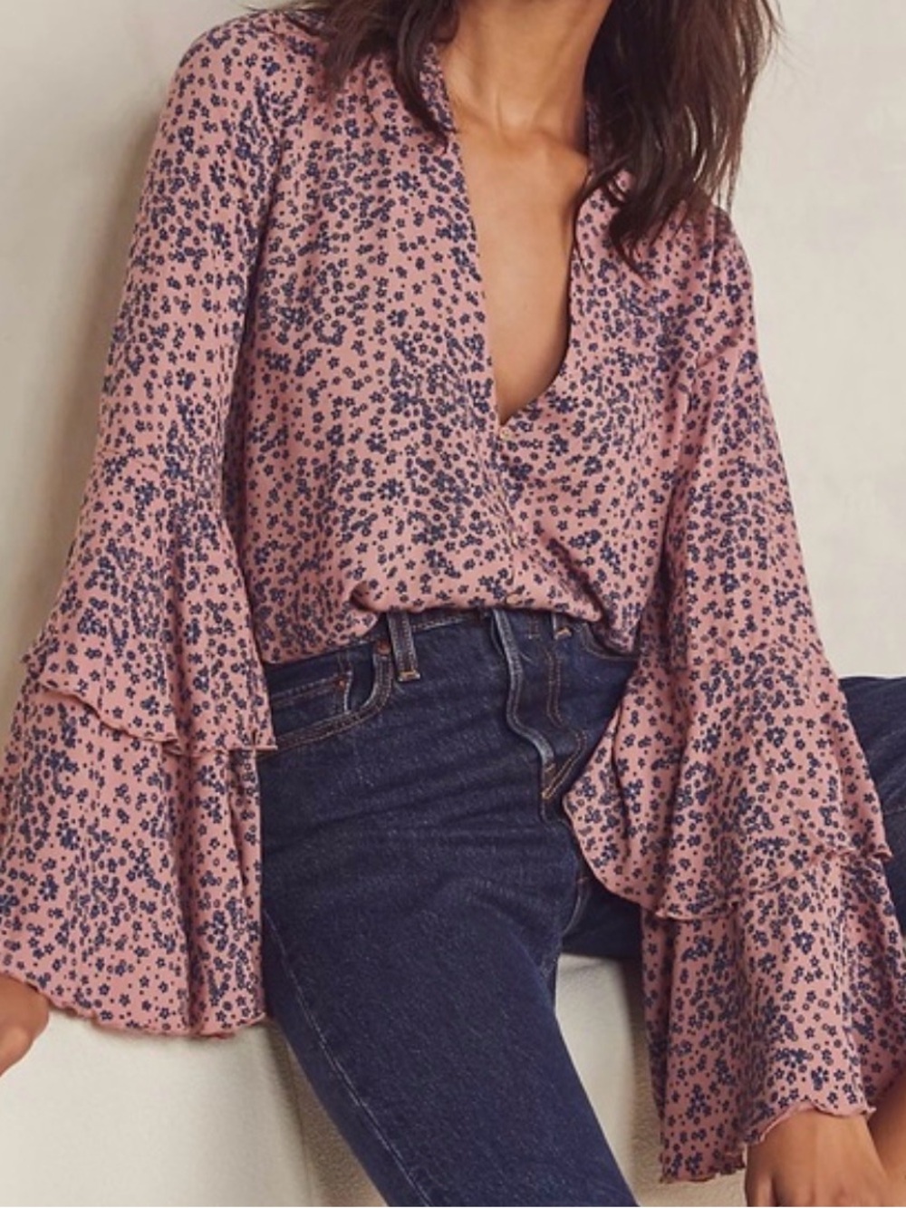 Intimately Free People Pink Blue Ditzy Floral Layered Bell Sleeve Top XS